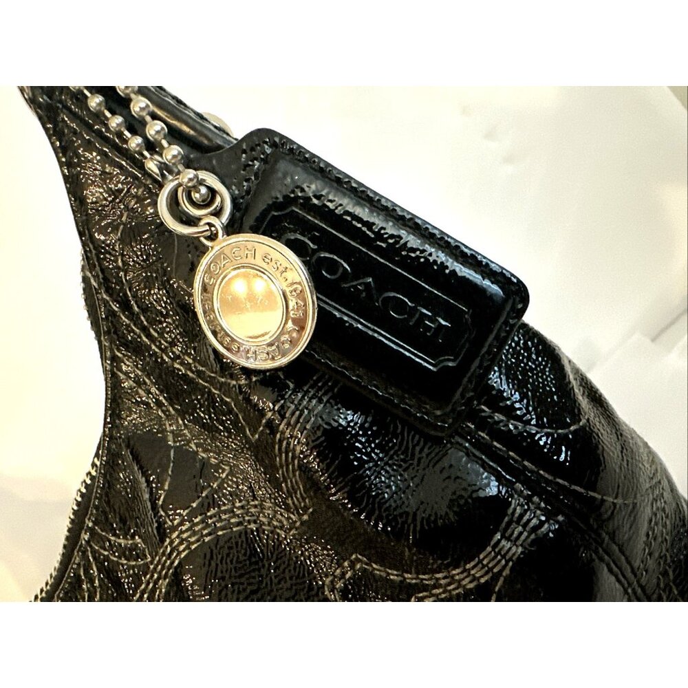 COACH Black Signature Patent Leather Hobo Handbag Purse A1293-F19282 Tag & Charm - Picture 3 of 16